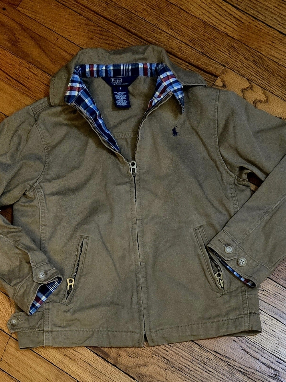 Polo by Ralph Lauren Khaki Jacket with Blue Pony & Plaid Lining For Boys Size 7